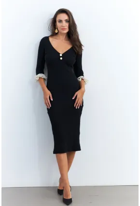 Kadın Siyah Kolları Dantel Detaylı Kaşkorse Midi Elbise EY2955