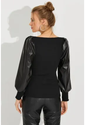 Kadın Siyah Kolları Deri Kaşkorse Bluz Yİ2494