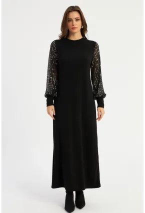 Kadın Siyah Kolları Parlak Tül Detaylı Maxi Elbise MBK56