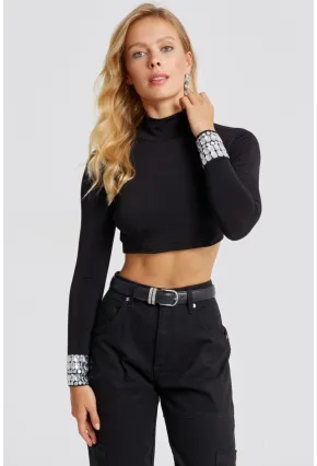 Kadın Siyah Kolları Taşlı Crop Bluz MEN2023