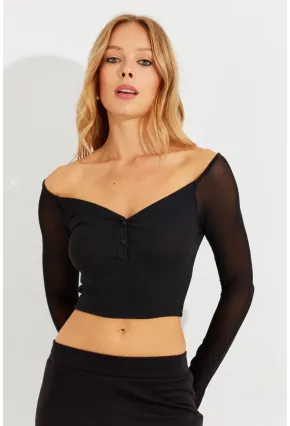 Kadın Siyah Kolları Tül Crop Bluz CG315