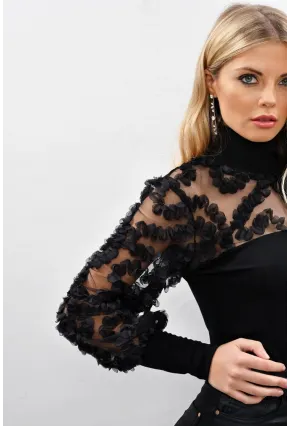 Kadın Siyah Kolları Tül Fırfır Aksesuarlı Bluz BK894