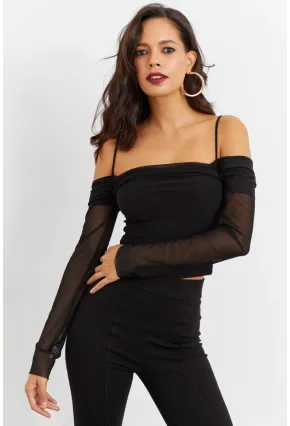 Kadın Siyah Kolları Tül Madonna Yaka Crop Bluz B1927