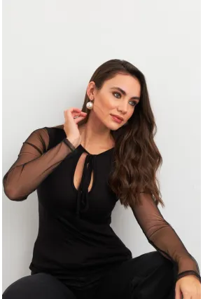 Kadın Siyah Kolları Tül Pencereli Bluz EY3021