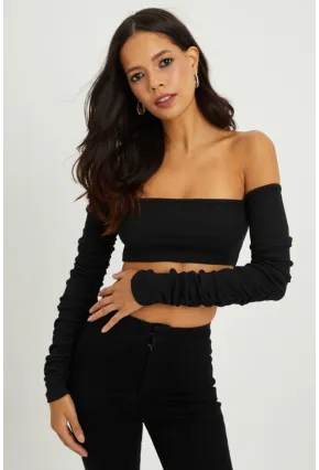 Kadın Siyah Kolu Büzgülü Crop Bluz B213