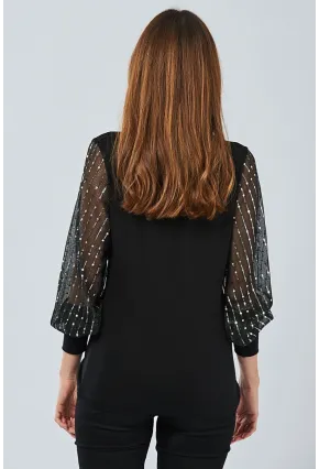 Kadın Siyah Kolu Payetli Bluz BK5024