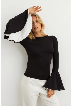 Kadın Siyah Kontrast Çan Kollu Bluz EY3013