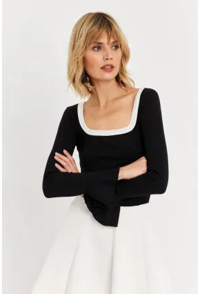 Kadın Siyah Kontrast Yaka İspanyol Kol Bluz ALB3105