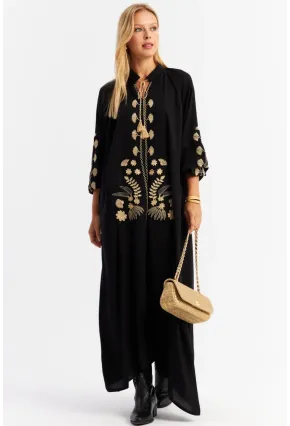 Kadın Siyah Kordon Detaylı Nakışlı Maxi Elbise MALO3