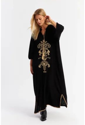 Kadın Siyah Kordon Detaylı Nakışlı Maxi Elbise MALO4