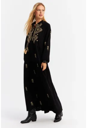 Kadın Siyah Kordon Detaylı Nakışlı Maxi Elbise MALO5