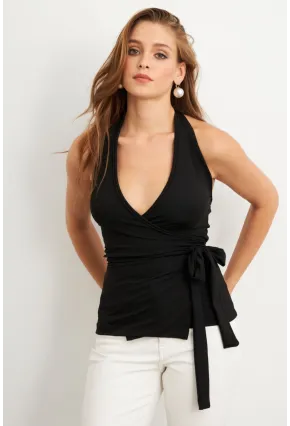 Kadın Siyah Kruvaze Bağlamalı Bluz EY3095
