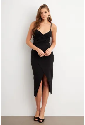 Kadın Siyah Kruvaze Büzgülü Midi Elbise UG712