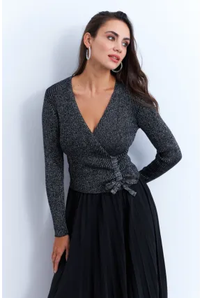 Kadın Siyah Kruvaze Büzgülü Simli Bluz KED173