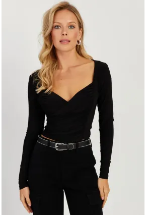 Kadın Siyah Kruvaze Crop Bluz LPP1252