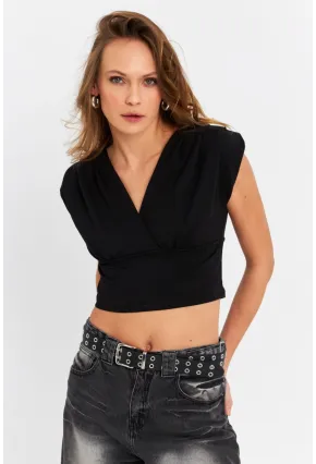 Kadın Siyah Kruvaze Crop Bluz SDY1234