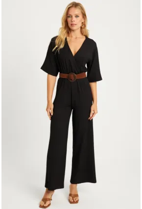 Kadın Siyah Kruvaze Kemerli Bürümcük Tulum XL2009