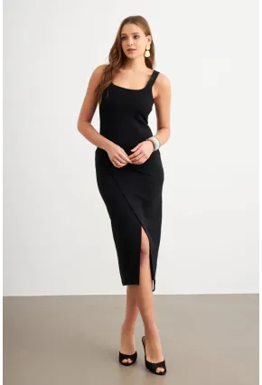 Kadın Siyah Kruvaze Midi Elbise LİT1096