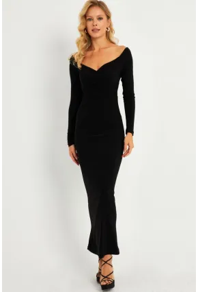 Kadın Siyah Kruvaze Midi Yılbaşı Elbise LİK04