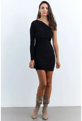 Kadın Siyah Kruvaze Tek Kol Mini Yılbaşı Elbise ELT4035