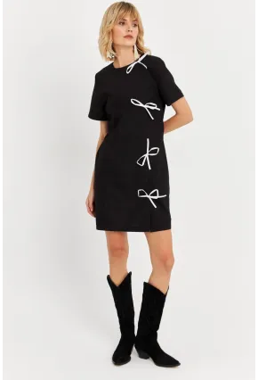 Kadın Siyah Kurdele Detaylı Mini Elbise DAF5025