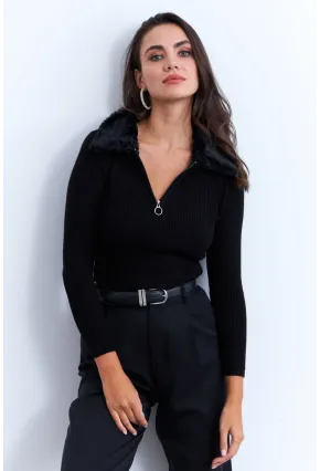 Kadın Siyah Kürk Yaka Bluz ELA115