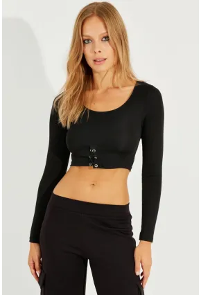 Kadın Siyah Kuşgözlü Crop Bluz CG299