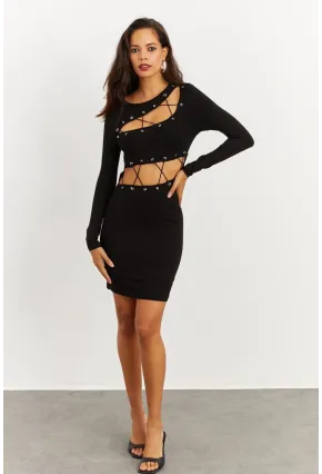 Kadın Siyah Kuşgözlü Pencereli Midi Elbise B1548