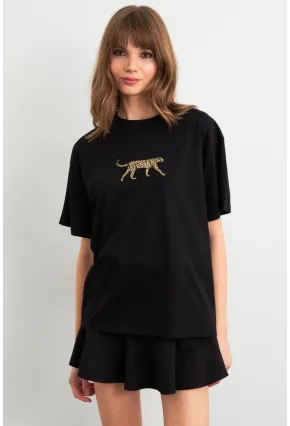 Kadın Siyah Leopar Baskılı T-Shirt RLO110