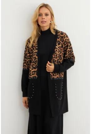 Kadın Siyah Leopar Bloklu Hırka MPK812