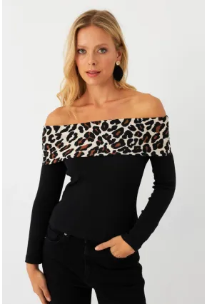 Kadın Siyah Leopar Bloklu Madonna Bluz AYD396