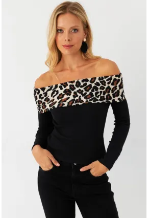 Kadın Siyah Leopar Bloklu Madonna Bluz AYD396