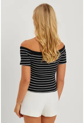 Kadın Siyah Madonna Yaka Çizgili Kaşkorse Bluz AYD311