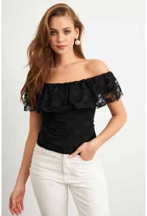 Kadın Siyah Madonna Yaka Dantel Bluz MTK13549