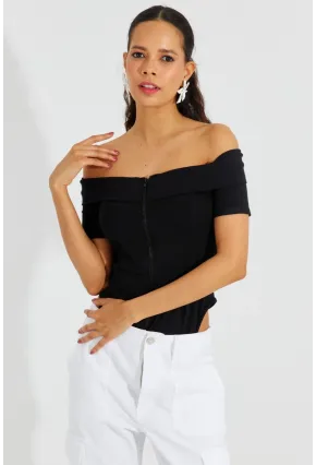 Kadın Siyah Madonna Yaka Fermuarlı Bluz B2542