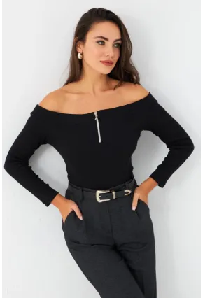 Kadın Siyah Madonna Yaka Kaşkorse Bluz TF40