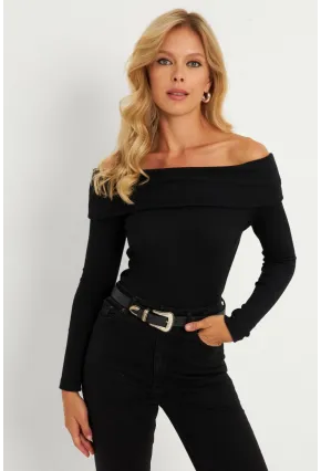 Kadın Siyah Madonna Yaka Kaşkorse Bluz XL2210