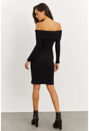 Kadın Siyah Madonna Yaka Kaşkorse Elbise CG272