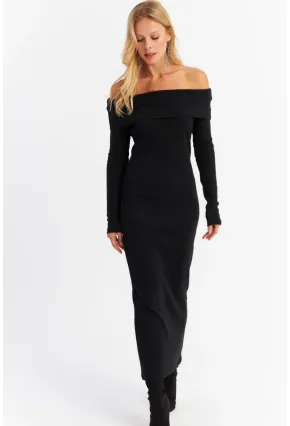 Kadın Siyah Madonna Yaka Kaşkorse Maxi Elbise HOL1