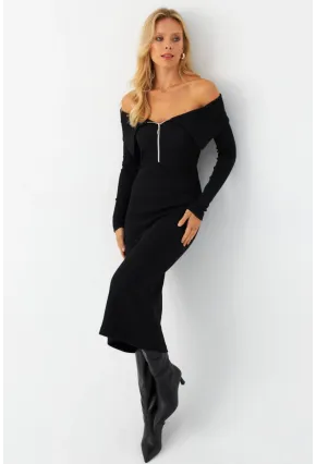 Kadın Siyah Madonna Yaka Kaşkorse Midi Elbise EY2991