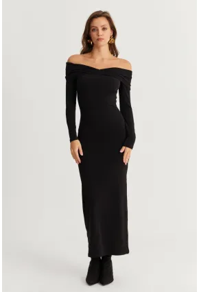 Kadın Siyah Madonna Yaka Maxi Elbise DMR391
