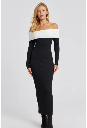 Kadın Siyah Madonna Yaka Maxi Elbise EY2696