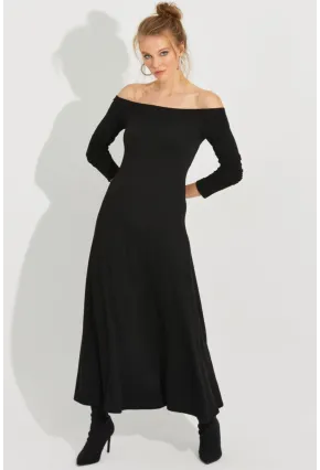 Kadın Siyah Madonna Yaka Midi Elbise BK272076