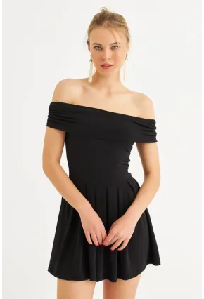 Kadın Siyah Madonna Yaka Midi Elbise MON1262-1