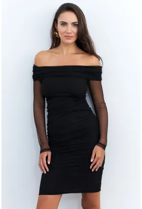 Kadın Siyah Madonna Yaka Midi Tül Yılbaşı Elbise ELT4033