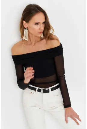 Kadın Siyah Madonna Yaka Tül Bluz MTK13241