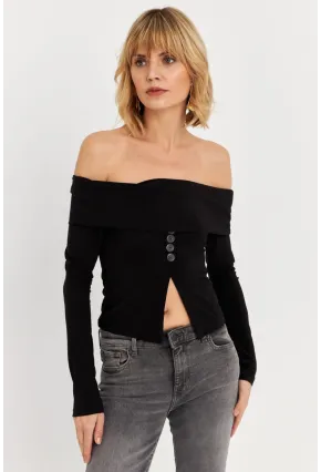 Kadın Siyah Madonna Yaka Yırtmaçlı Crop Bluz ELT4034