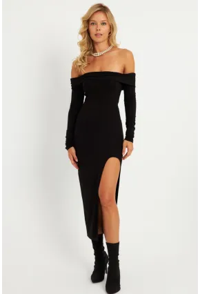 Kadın Siyah Madonna Yaka Yırtmaçlı Midi Yılbaşı Elbise HOR35