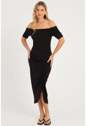 Kadın Siyah Madonya Yaka Büzgülü Midi Elbise YZ1025