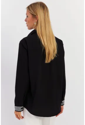 Kadın Siyah Manşeti Taşlı Gömlek ZER415